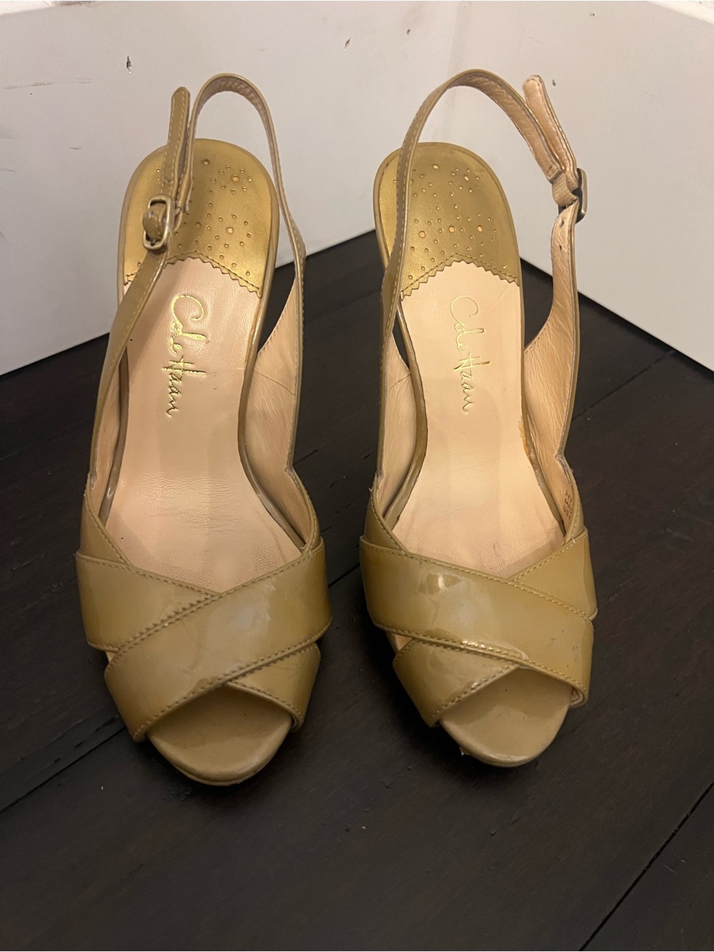 Cole Haan Women's Tan Patent Leather Crisscross Slingback Heels